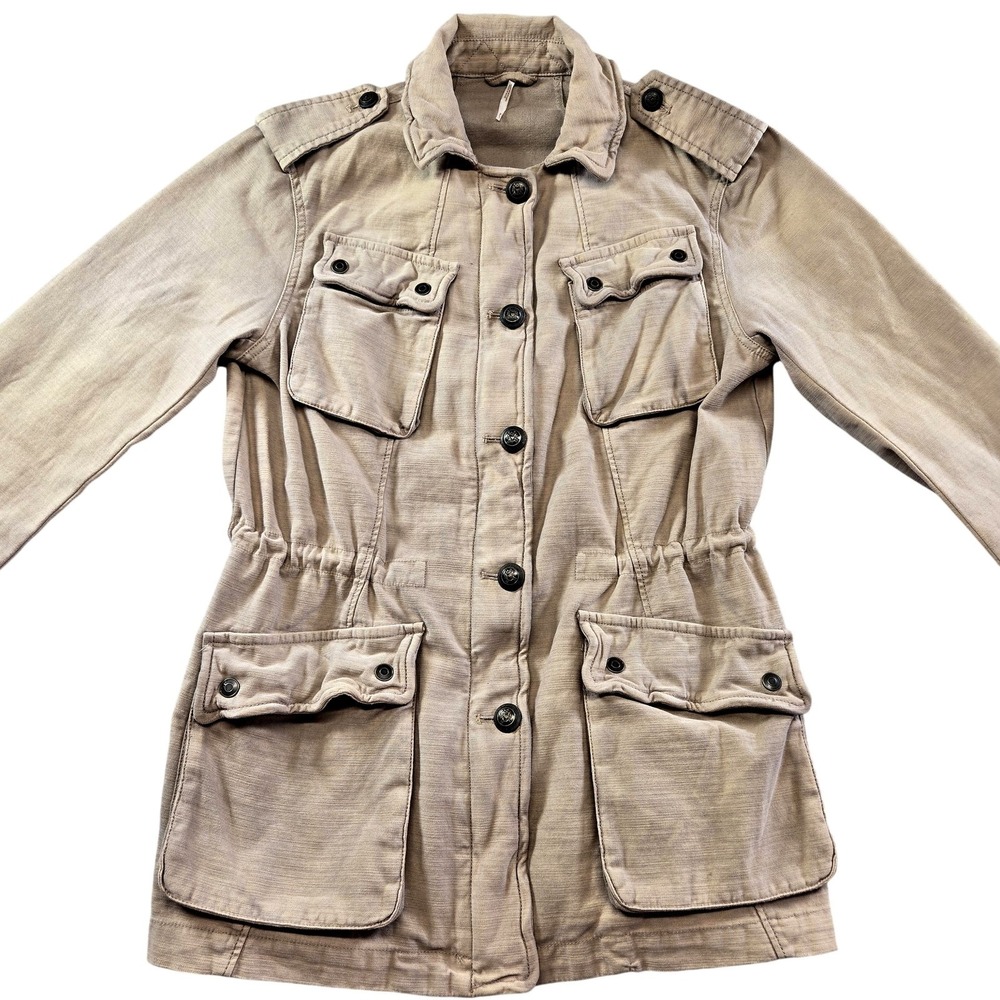 Free People Jacket Womens S Beige Cotton Twill Military Collared Pockets‎ Zip